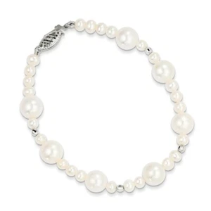 14k White Gold  5-9mm White Near Round Freshwater Cultured Pearl Bead Bracelet - Picture 1 of 2