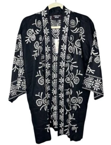 Johnny Was S Small Linen Kimono Womens Jacket Black Embroidered Open Boho - Picture 1 of 8