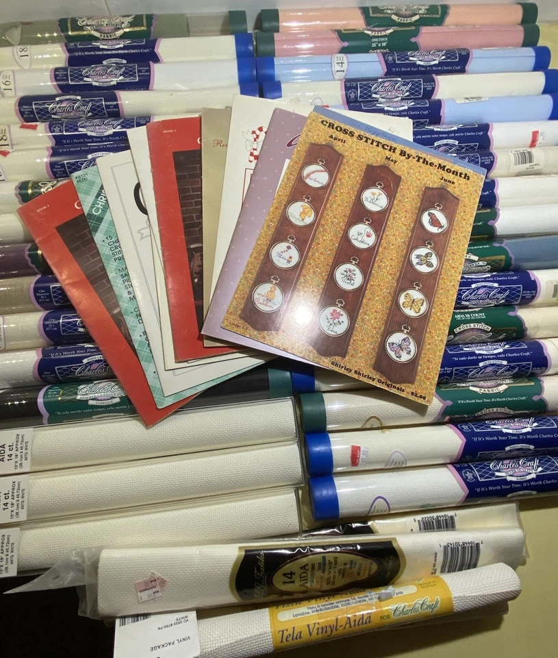 Huge Estate Lot Of 36 Cross Stitch Fabric Tubes Various Colors + Vtg Magazines - Image 1 of 4