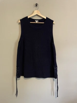 Talbots 2X Navy Sweater Sleeveless Cotton Chunky Knit Lace Up Sides - Image 1 of 4