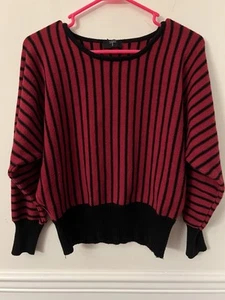Tahari Sz M Wide Wing Sleeve Red And Black Vertical Striped Thick Sweater Worn - Picture 1 of 5