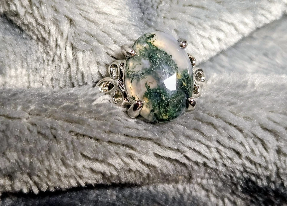 Кольцо ручной работы с подвеской из стерлингового серебра 925 пробы с натуральным мхом агатом и драгоценными камнями размер 6 - Изображение 1 из 4