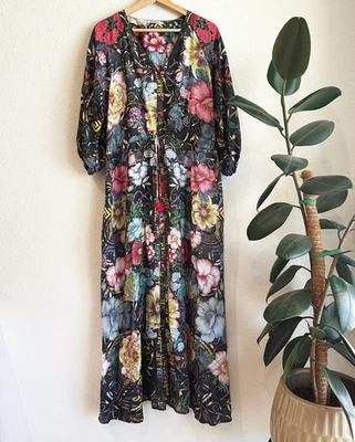 Maxi Vestido Johnny Was Peace Esmeralda 100% Seda Grande Floral Boho Hippie Campesino Foto 1 de 4
