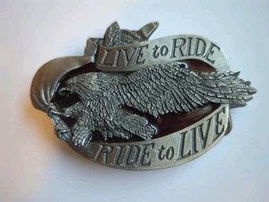 VTG 1981 Red Enamel Belt Buckle Ride To Live/LiveTo Ride USA Made Bergamot Brass - Picture 1 of 4