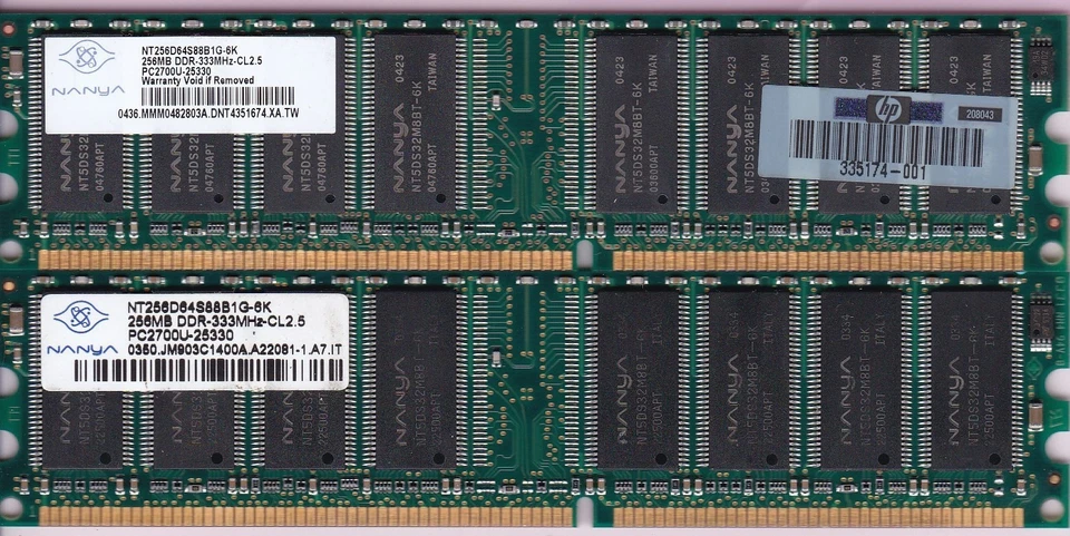 512MB 2x256MB PC-2700 NANYA DDR-333 NT256D64S88B1G-6K HP 335174-001 DDR1 RAM KIT - Image 1 of 2