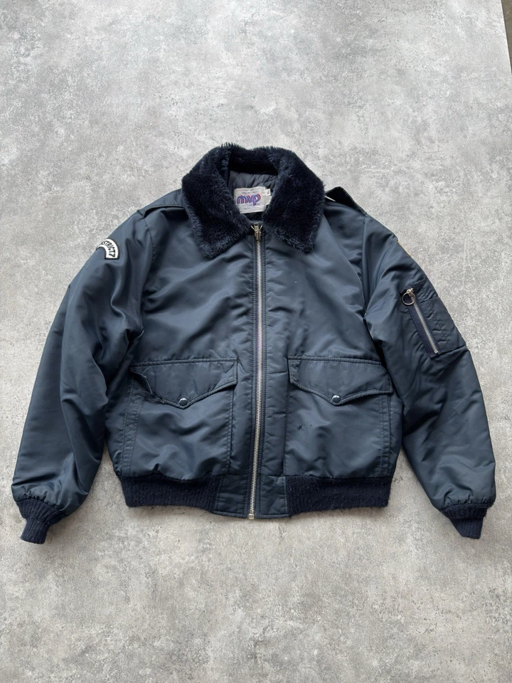 Vintage MVP Corp Aviator Fleece Bomber Jacket Mens XL Faux Fur Collar Navy Blue - Image 1 of 4