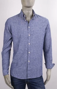 CAMICIA MARKUP MISTO LINO MICRO FANTASIA CELESTE SCURO BOTTON DOWN SLIM FIT - Foto 1 di 5