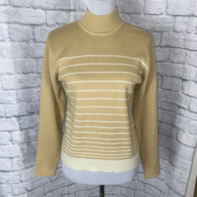 Casual Corner women L cotton blend mock turtleneck Longsleeve stripe gold&cream - Image 1 of 4