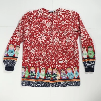 Landau Scrub Top Size XS Womens Scrub Top Multicolor Christmas Snap Up  - Image 1 of 4