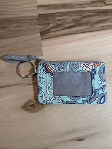 Vera Bradley Zip ID Case With Key Ring Aqua Blue Floral Fan Flowers - Picture 1 of 3
