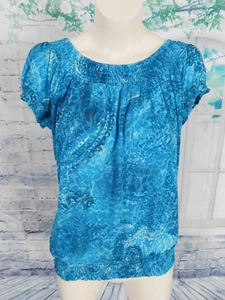 Top INC Azul Floral Paisley Burnout Tejido Manga Corta Calado - Talla Mediana - Imagen 1 de 5