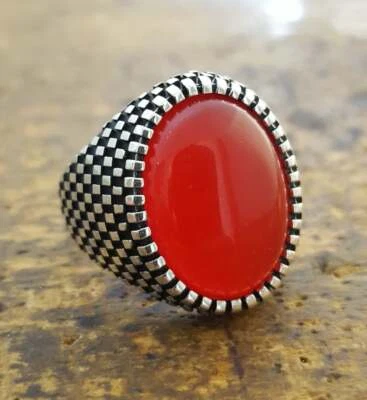 Anillo de ónix rojo para hombre de plata de ley 925 turco hecho a mano textura anillo de piedra roja Foto 1 de 4