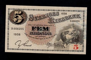 SWEDEN 5 KRONOR 1938 B PICK # 33u AU-UNC. - Picture 1 of 2
