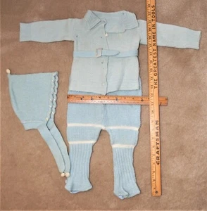 REDUCED Vntg Wool 4 Pc Outfit Hat Sweater Belt Leggings-Light Blue - Picture 1 of 7