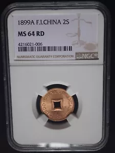 French Indo-China 2 Sapeque 1899 NGC MS64 RD - Picture 1 of 4