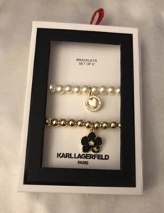 Karl Lagerfeld Paris 2PC Gold Tone Bead & Faux Pearl Stretch Bracelet Set NIB - Picture 1 of 16