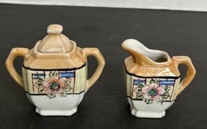 Vintage Lusterware Creamer and Sugar Bowl Set Iridescent Blue/Tan Floral Japan - Picture 1 of 11