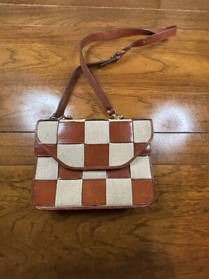 Bolso Bandolera Paradox Vintage Cuero Marrón y Lino Tejido Cesta Tejido Foto 1 de 4