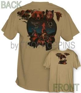 1-INDIAN BEAR WILD WOLF BUFFALO EAGLE FIRE DANCING WEAR GRAPHIC PRINTED T-SHIRT - Picture 1 of 8