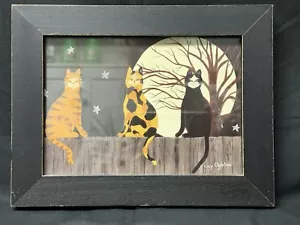 Lucy Ogletree Cats On Fence Signed Print Black Framed Folk Art 8.5” x 7” - Picture 1 of 7