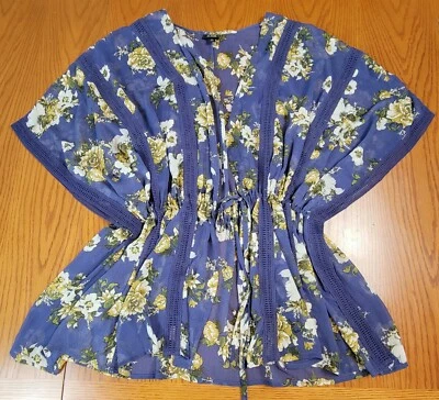a.n.a 2X Women's Sheer Beach Cover-Up Caftan Blue Floral Elastic Tie waist EUC - Image 1 of 4