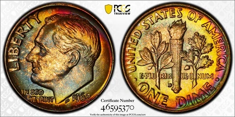 1962 MS 66 Roosevelt Dime PCGS Certified Superb Gem Monster Toned Cover