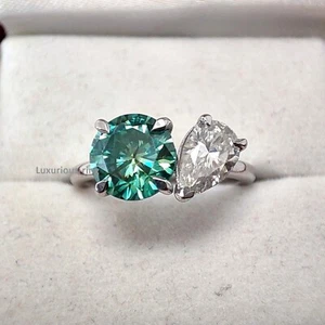 925 Sterling Silver Ring,Blue Green Round & Pear Moissanite Ring,Toi Et Moi Ring - Picture 1 of 13