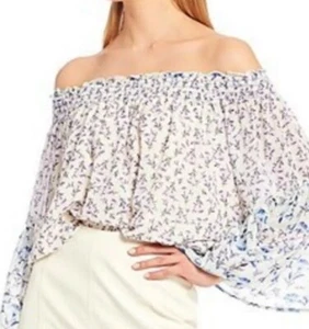 Free People Rose Valley Printed Off-The-Shoulder Vol Sleeve Blouse Reg $108-SM - Picture 1 of 2