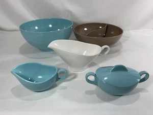 Retro/Vintage MELMAC PLASTIC Bowl Cream Sugar Divided Dish - Aqua Brown White - Picture 1 of 12