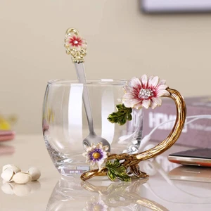 Enamel Sunflower Crystal Lead-Free Glass Tea Cup with Spoon Set, Present for the - Picture 1 of 12