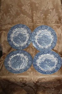Vintage Salem Olde Staffordshire Blue English Village (4) 10" Plates Excellent - Picture 1 of 8