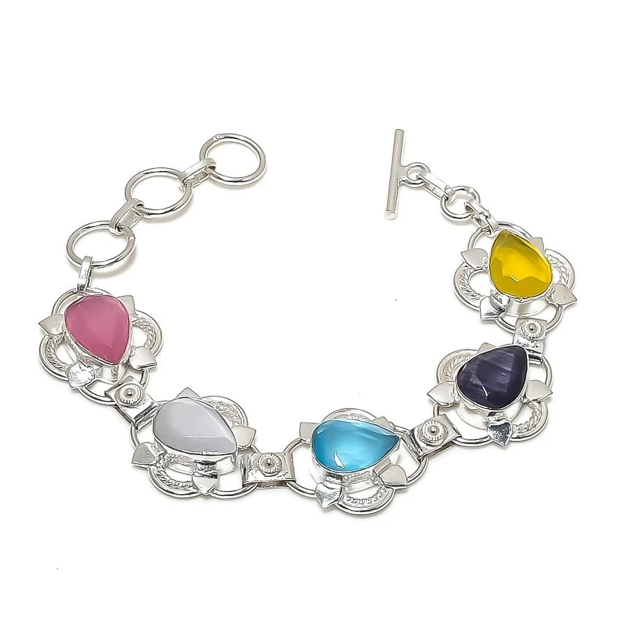 Multi Color Monalisa Gemstone 925 Sterling Silver Jewelry Bracelet Size 7-8" - Image 1 of 1