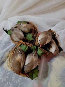 Vintage uccellini sul nido filo avvolgente paglia decorazioni natalizie VERE PIUME UCCELLINO - Foto 1 di 9