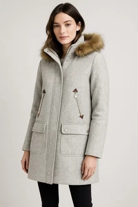 J.Crew Italian Stadium Cloth By Nello Gori Coat 4T Gray Wool Faux Fur Hood - Picture 1 of 17