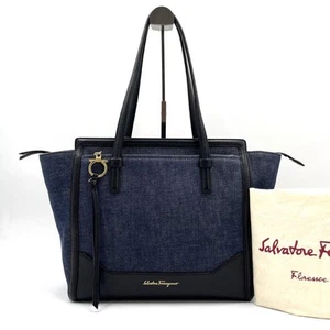 Salvatore Ferragamo Amy Tote Bag Denim and Black Canvas Large Capacity Handbag - Picture 1 of 24