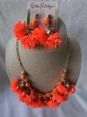 JUEGO DE 2 piezas de pendientes collar floral naranja Lilly Pulitzer NUEVO Foto 1 de 4