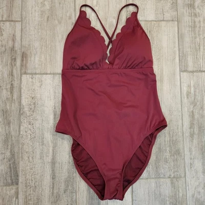 La Blanca Scalloped V-Neck One-Piece Swimsuit Women's Size 10 Maroon Lace-Up - Image 1 of 4