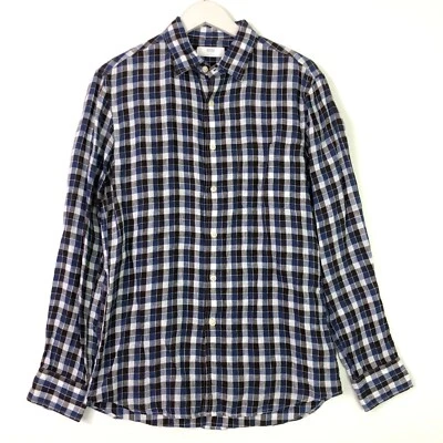 Uniqlo Camisa A Cuadros Abotonada Marrón Azul Hombre Talla Pequeña Mezcla Lino Foto 1 de 4