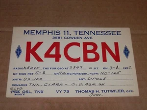 MEMPHIS TENNESSEE - 1957 POSTAL QSL - K4CBN - THOMAS H. TUTWILER - Imagen 1 de 2