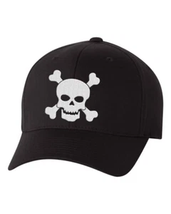 Skull and Crossbones Black Flex Fit Hat, Black Baseball Hat with Skull - Picture 1 of 6