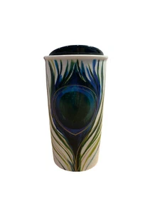2015 Starbucks Peacock Feather Ceramic Tumbler 12oz Coffee Mug Travel Cup w Lid - Picture 1 of 4