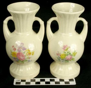 2 Vintage 1940s White Pottery Floral Decorated Small 6" Vases (HH) - Picture 1 of 8