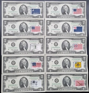 1976 Two Dollar Federal Reserve Note SET 10 Historic Flag Stamps First Day 79781 - Picture 1 of 2