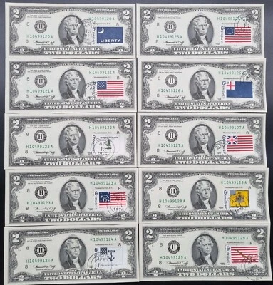1976 Two Dollar Federal Reserve Note SET 10 Historic Flag Stamps First Day 79781 - Image 1 of 2