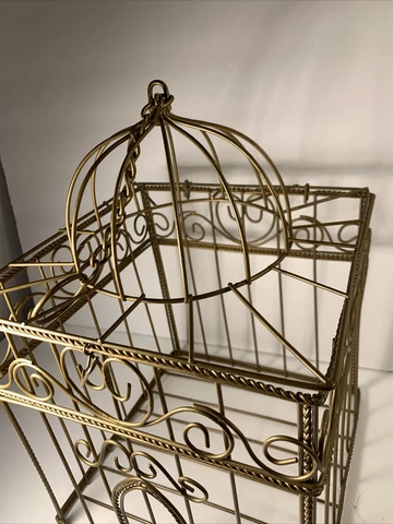 Vintage Metal Gold Hanging Bird Cage~Planter~Candle~French Country12x8x8” Cover