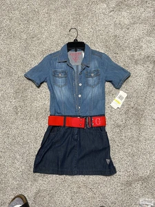Guess Brand Girls Blue/Red Denim Dress Classic VTG 90s Style NWT Red Belt - Picture 1 of 5