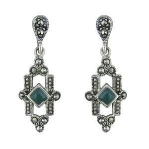 Art Deco Green Agate And Marcasite Stud Drop Earrings Sterling Silver 925 - Picture 1 of 1