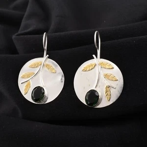 Green Tourmaline Gemstone 925 Sterling Silver Jewelry Handcrafted Earrings 1.73" - Picture 1 of 6