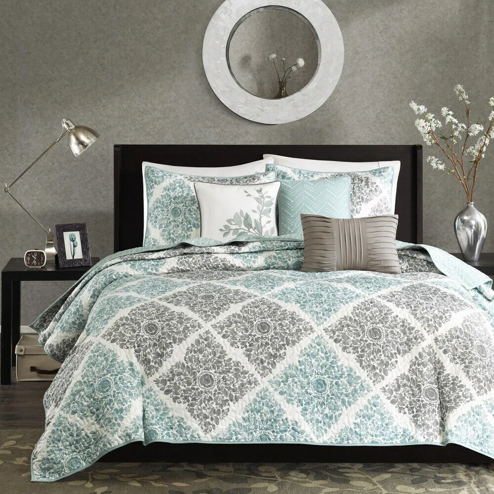 QUALITY NEW! ~ COZY COTTAGE CHIC BLUE AQUA FLORAL LEAF COUNTRY SHABBY MODERN QUILT SET