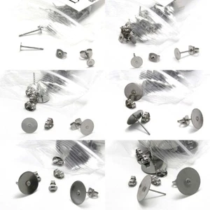300 Silver Surgical Stainless Steel Flat Pad Post Earring Findings with Backs - Picture 1 of 8